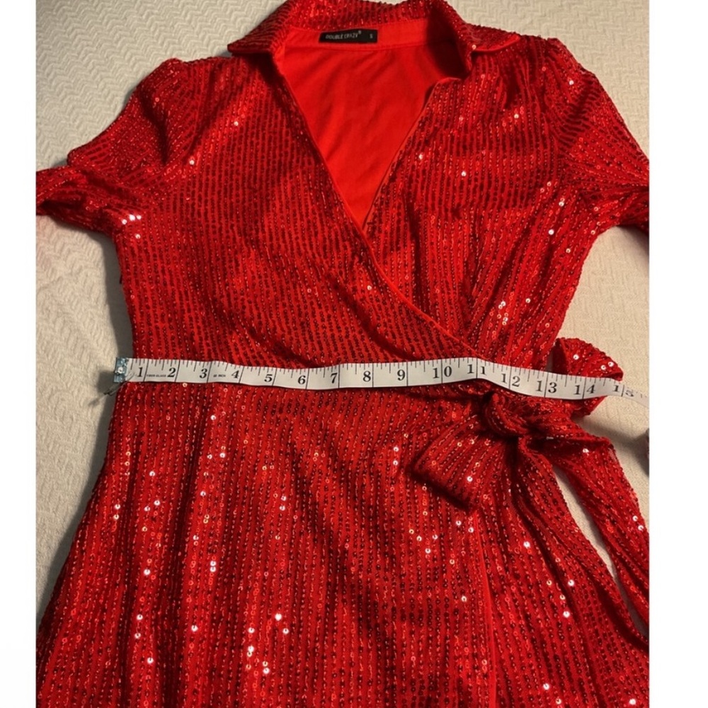 Red Sequin Wrap Dress Long Sleeve V Neck Double Crazy Size S Party Club Mini - Picture 7 of 11